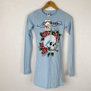Ed Hardy Christian Audigier Pale Blue Love Kills Slowly Heart Skull Tee